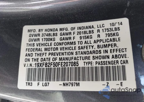 2015 Honda Civic Lx from USA, damaged, VIN 19XFB2F50FE207085